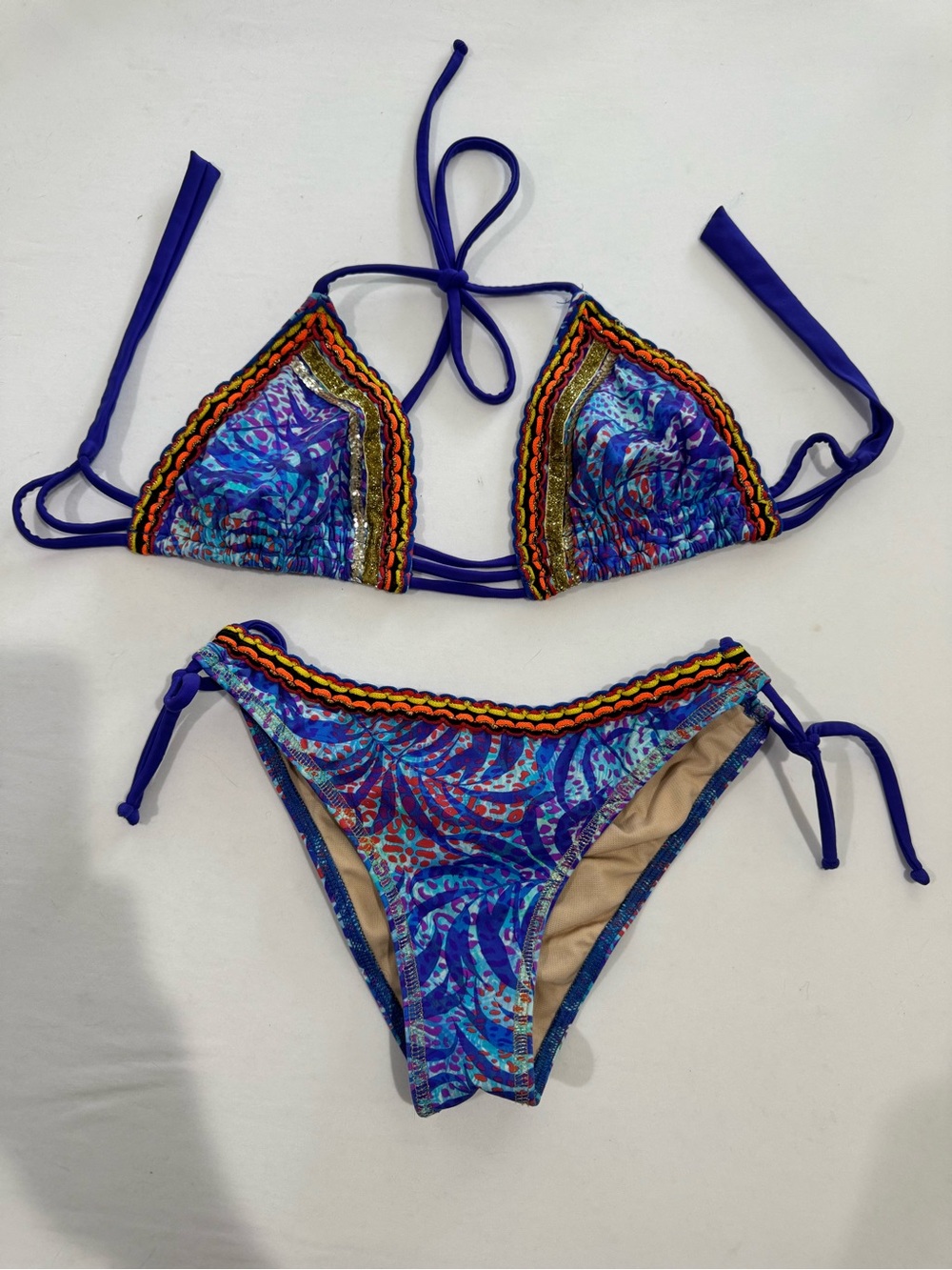 Angel de la Guarda ADG Embellished Triangle Bikini Set Blue Print Size S